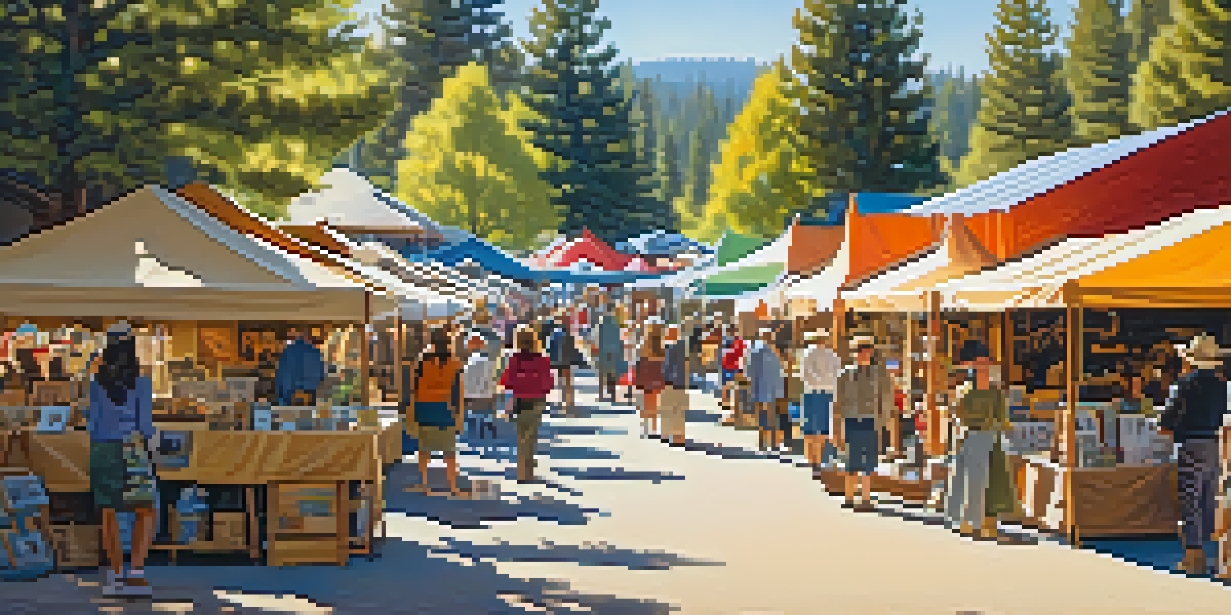 A lively artisan craft fair with colorful tents and handmade goods in Big Bear Valley, featuring visitors exploring various crafts under the sunlight.