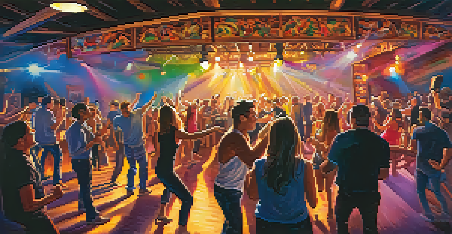 A vibrant live music performance at The Cave in Big Bear, with people dancing and enjoying the atmosphere, illuminated by colorful lights.