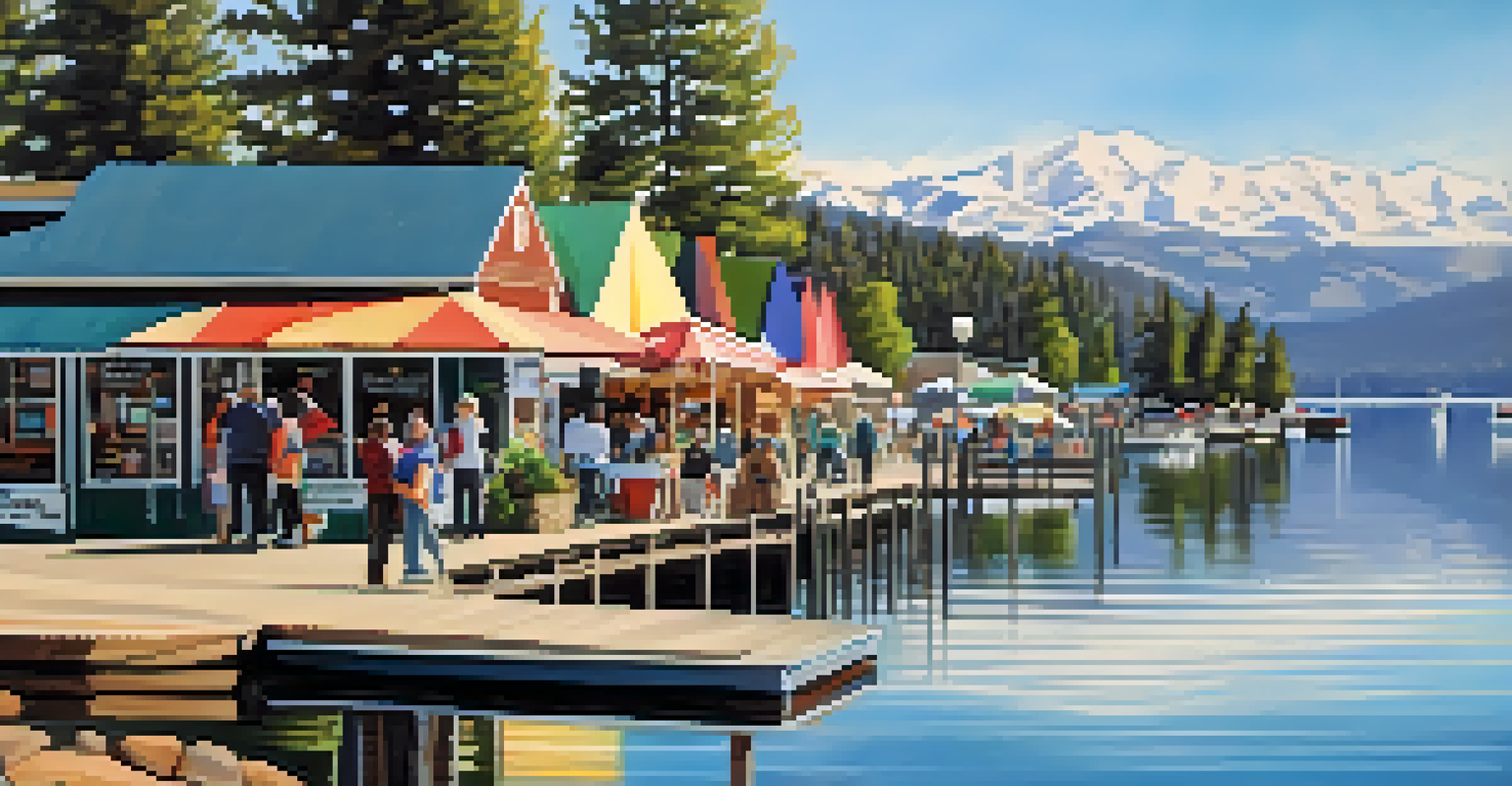 A lakeside view of the Big Bear Lake Art Walk, showcasing artists' booths and visitors enjoying the atmosphere with reflections in the water.