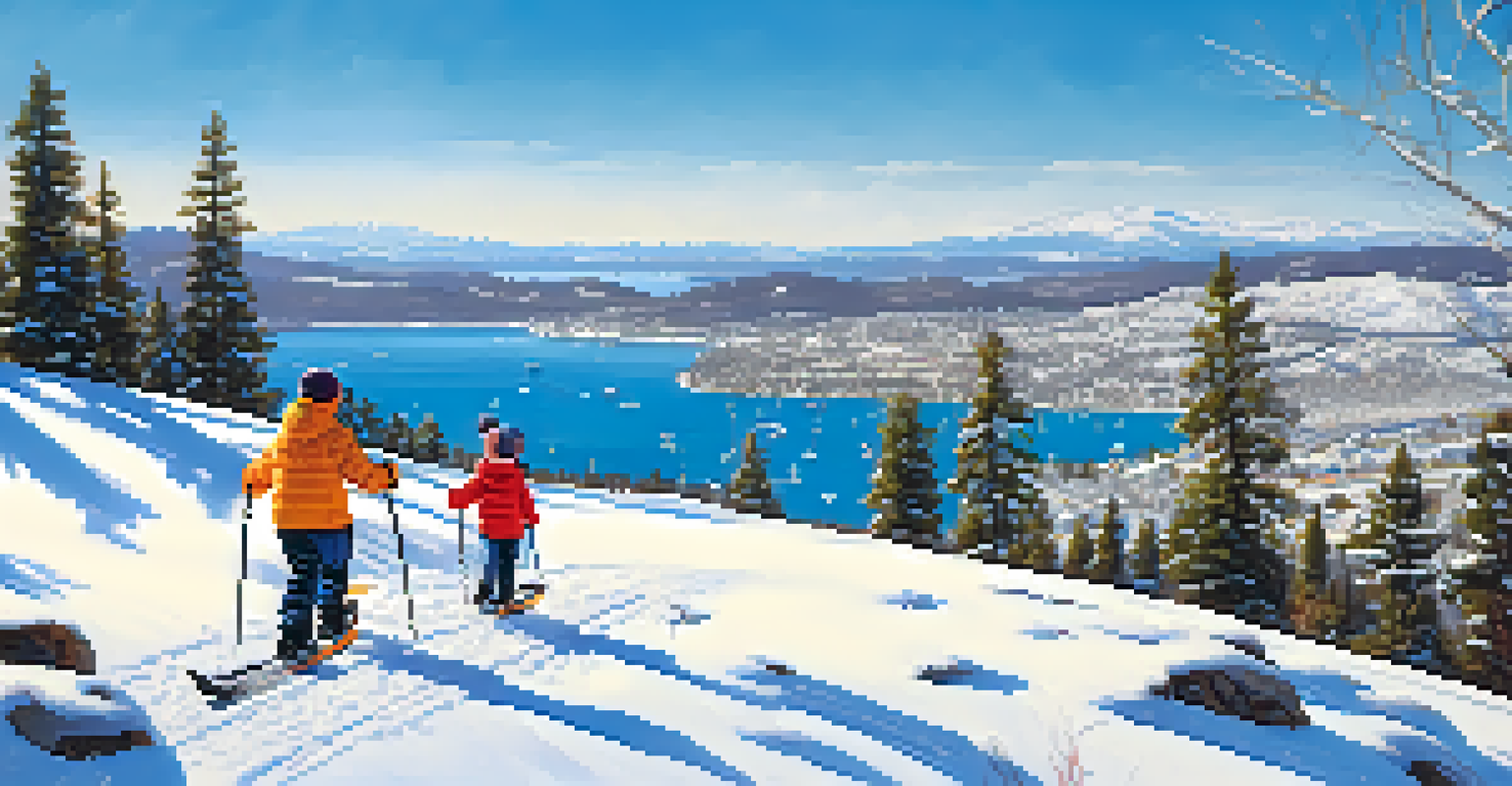 A family snowshoeing together on a flat path with a view of Big Bear Lake.