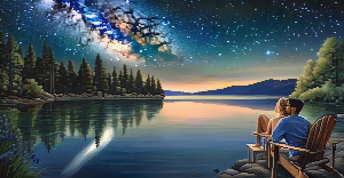 A couple lying on a blanket under a starlit sky at Big Bear Lake, surrounded by wildflowers and reflecting water.