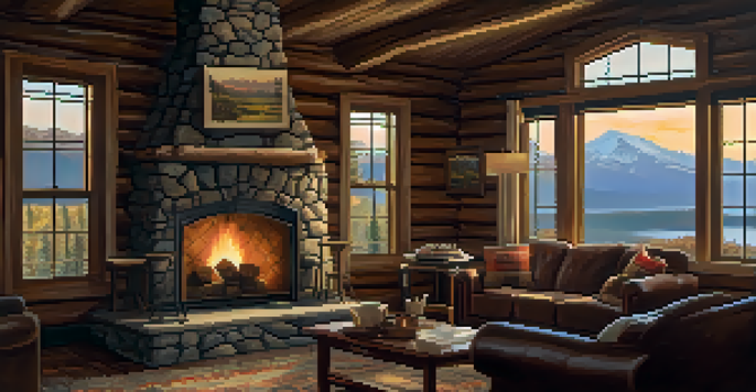 Cozy interior of the Baldwin Lake Lodge with wood beams and a stone fireplace, warmly lit and featuring vintage furnishings.