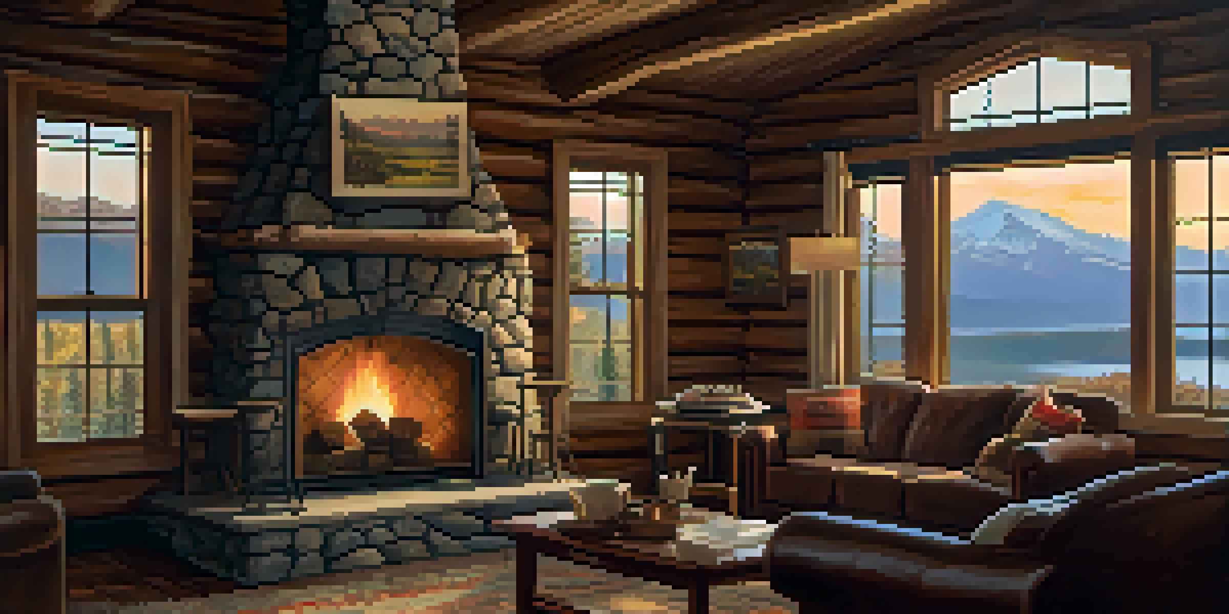Cozy interior of the Baldwin Lake Lodge with wood beams and a stone fireplace, warmly lit and featuring vintage furnishings.