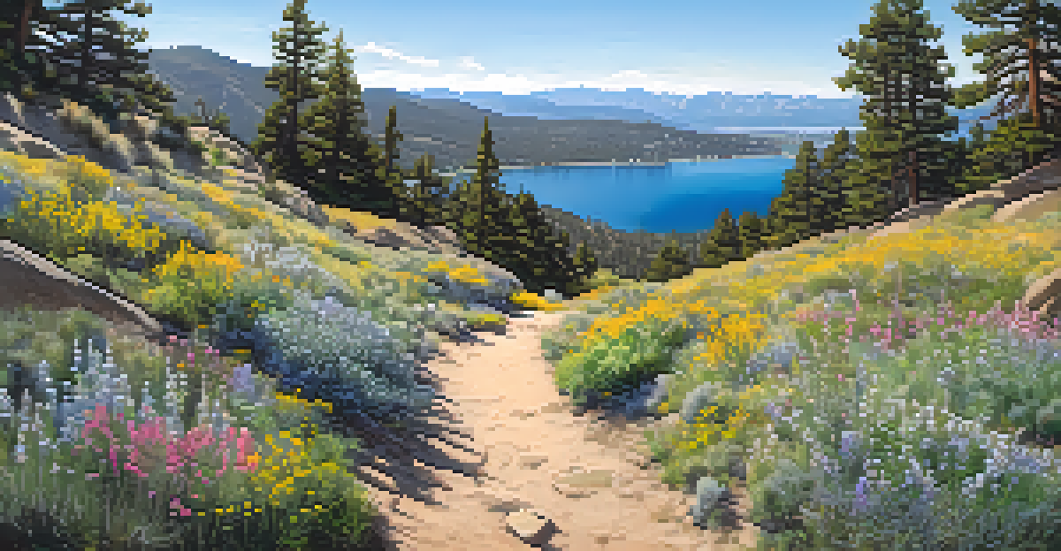 A hiking trail at Castle Rock with views of Big Bear Lake and blooming wildflowers along the path.