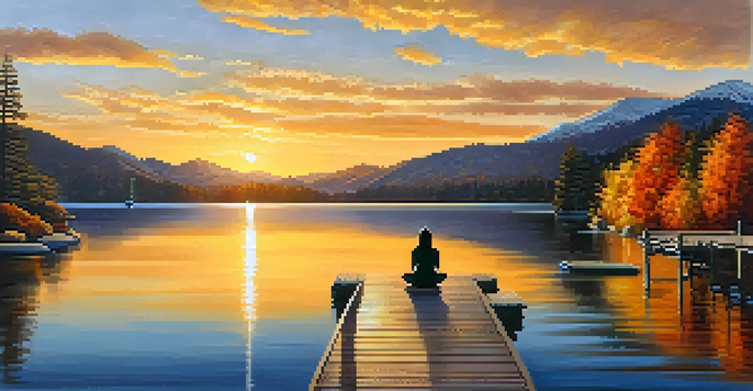A peaceful autumn scene at Big Bear Lake with vibrant leaves, a sunset, and a person practicing yoga on a dock.