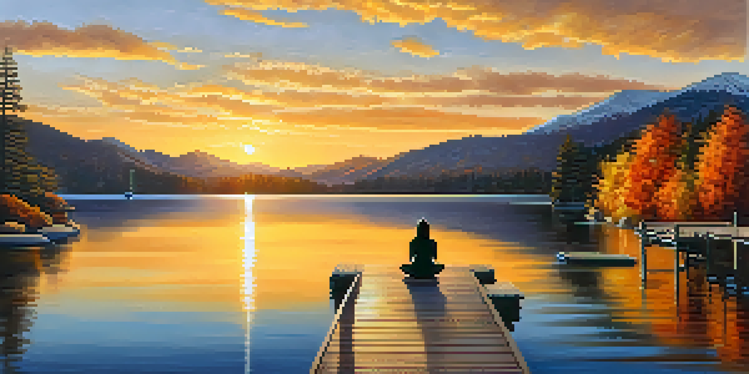 A peaceful autumn scene at Big Bear Lake with vibrant leaves, a sunset, and a person practicing yoga on a dock.