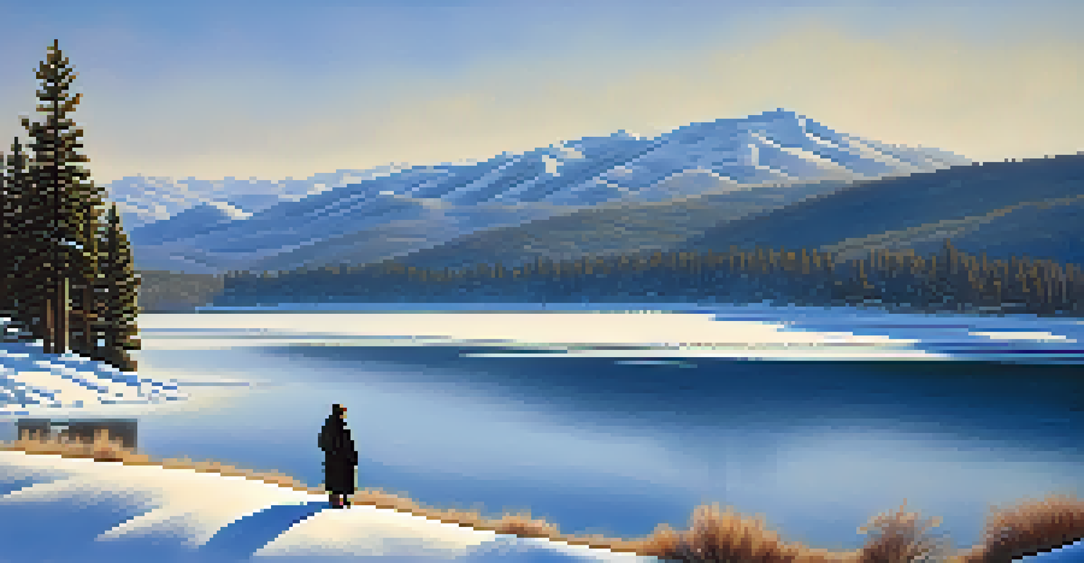 A person standing on a snow-covered Big Bear Lake in winter, surrounded by snow-capped mountains and soft light.