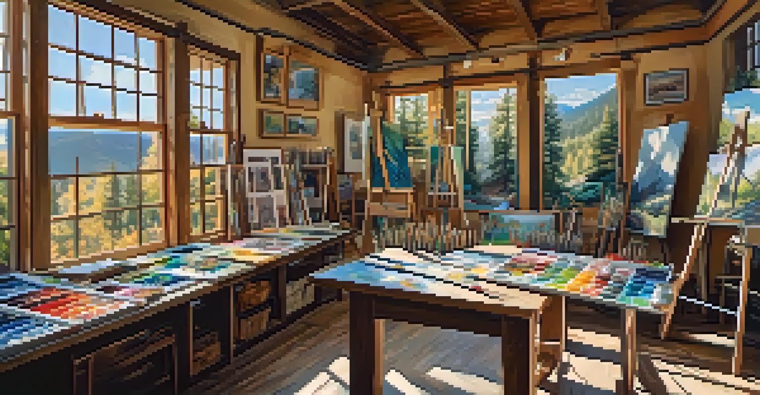 An art studio in Big Bear with bright windows, wooden tables filled with painting supplies, and colorful artworks on the walls.