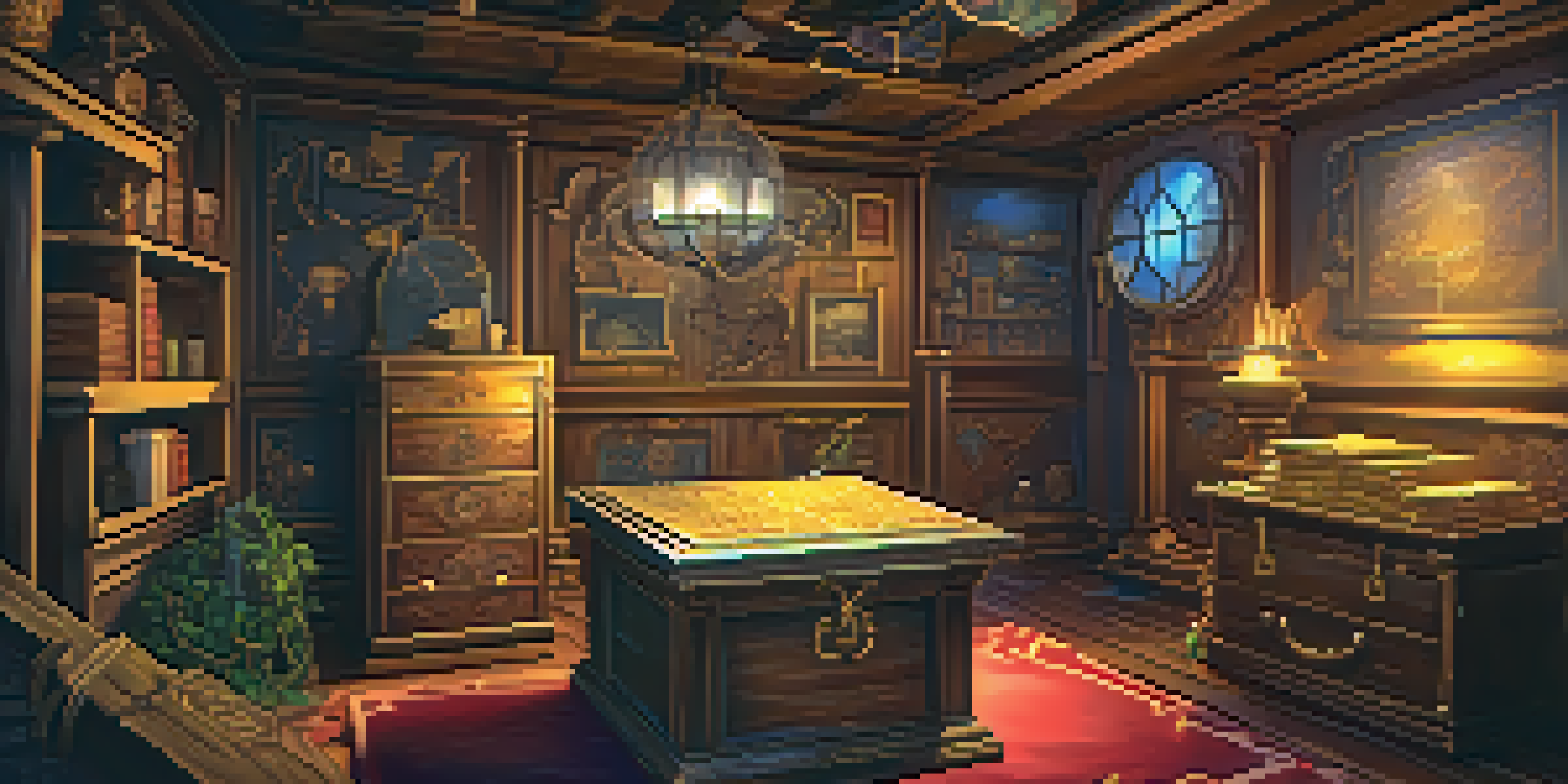 An escape room featuring colorful puzzles, a treasure map, and a locked chest in a dimly lit setting.