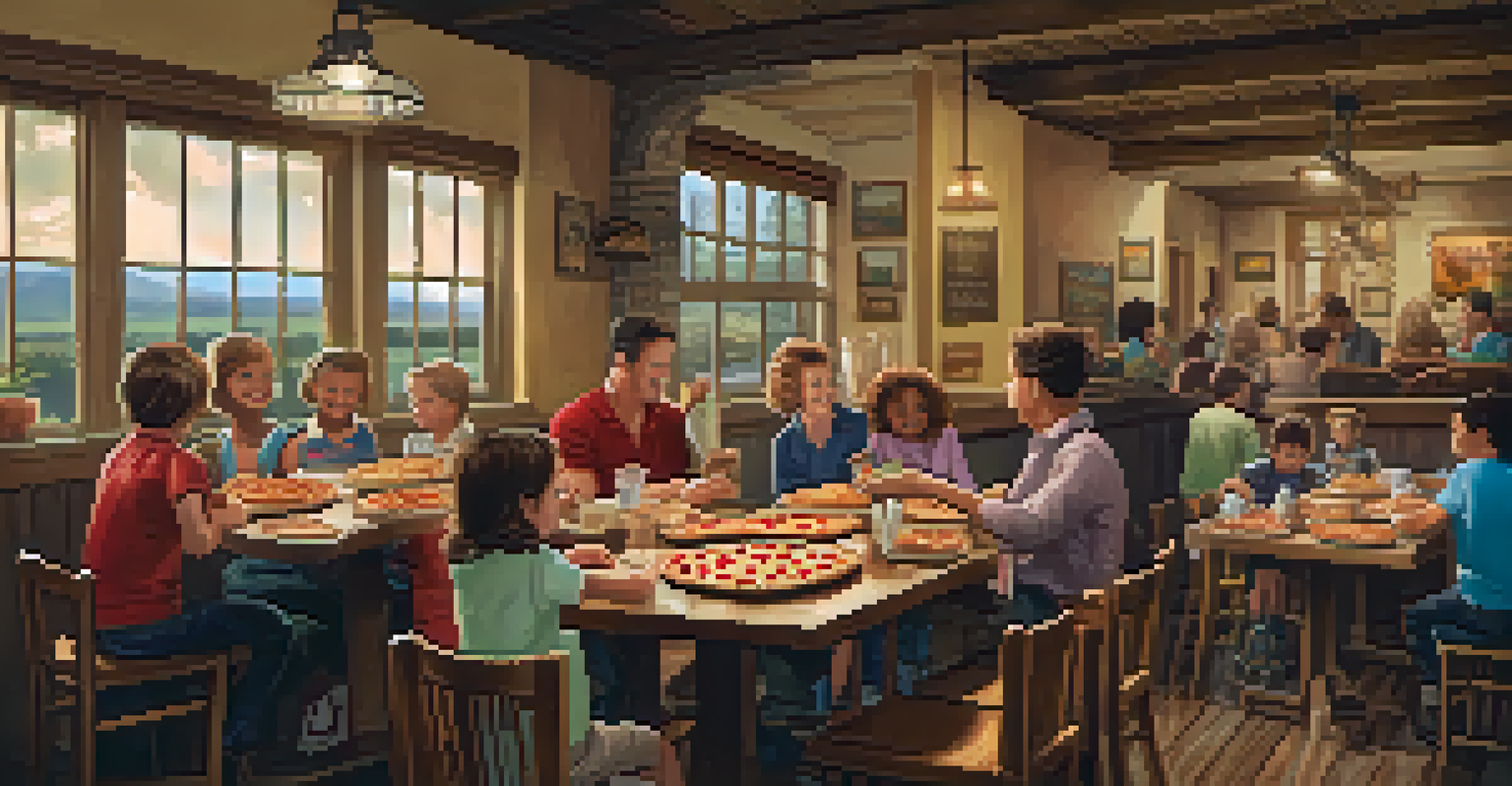 A family dining in a rustic restaurant, with children enjoying pizza and parents sharing a pie in a warm atmosphere.