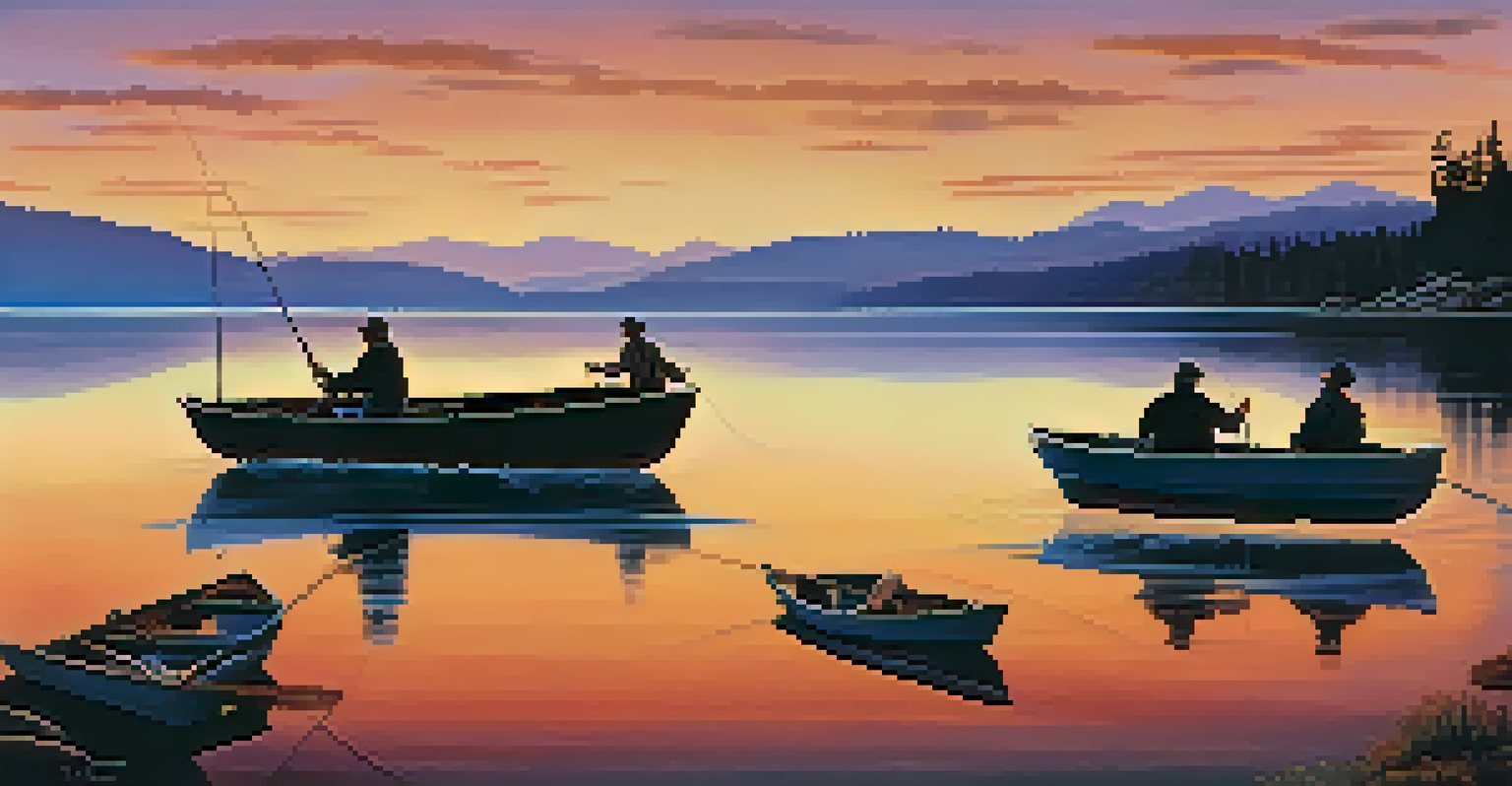 A sunset view of Big Bear Lake, with fishermen in small boats silhouetted against a colorful sky and mountains in the background.