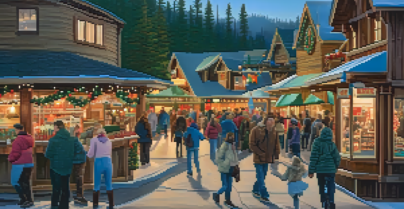 A picturesque view of Big Bear Village with shops and cafes against pine trees, decorated for the season and illuminated with warm lights at sunset.