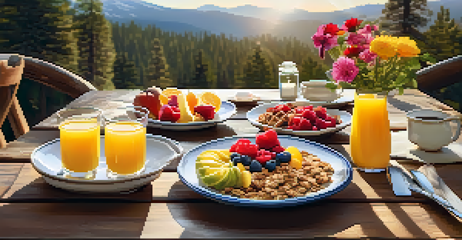 A gourmet breakfast spread outdoors with fresh fruits and granola, set against the Big Bear Mountains.