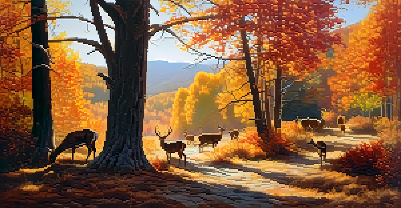 Deer grazing in a vibrant autumn landscape in Big Bear, with colorful fall foliage and migratory birds flying in the background.