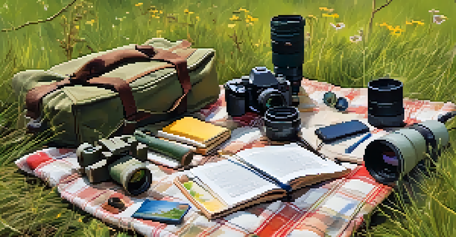 A close-up view of birdwatching equipment on a picnic blanket, including binoculars and a field guide, set in a colorful natural environment.