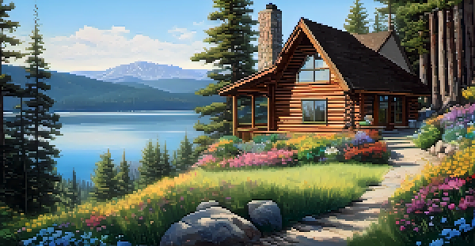 A cozy wooden cabin in Big Bear, surrounded by pine trees and wildflowers, with a glimpse of a lake in the background.