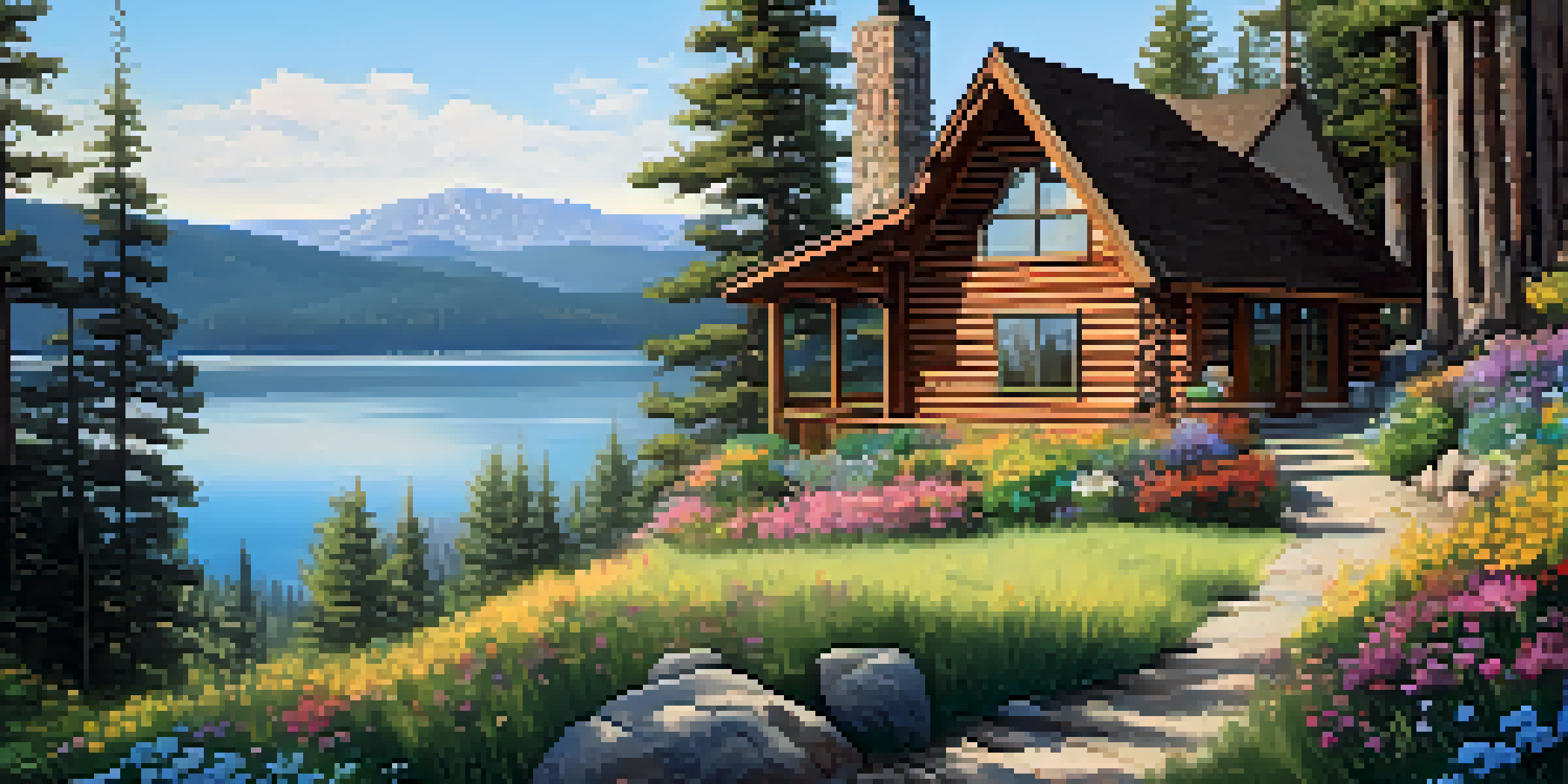 A cozy wooden cabin in Big Bear, surrounded by pine trees and wildflowers, with a glimpse of a lake in the background.
