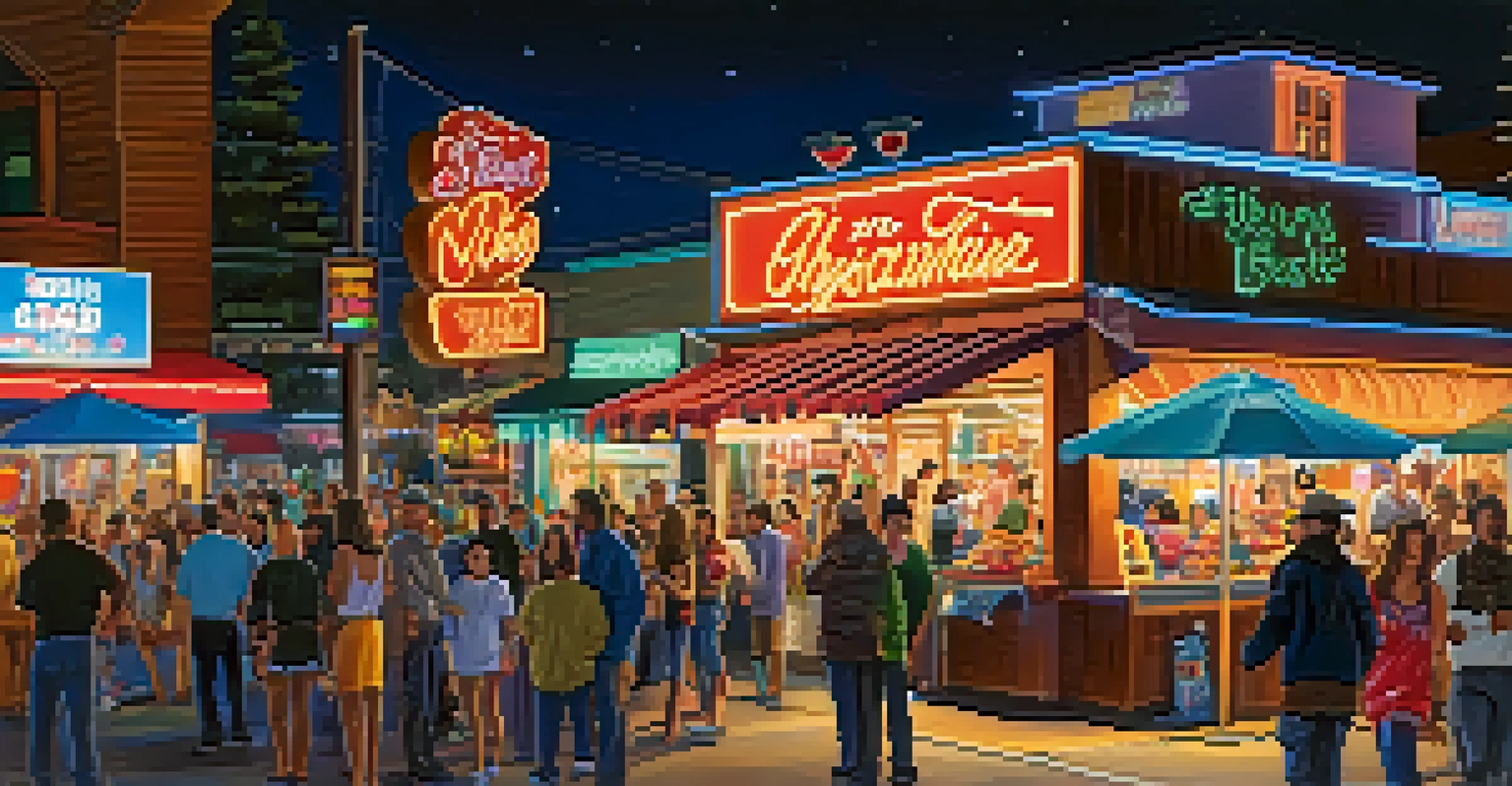 A bustling street scene in Big Bear at night, with people enjoying the nightlife, street vendors, and live music.