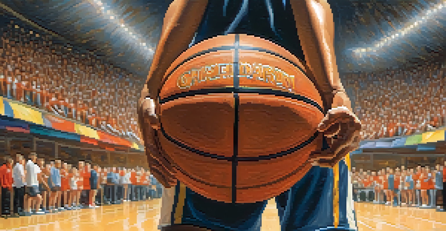 A close-up of a young athlete gripping a basketball with determination in a gymnasium.
