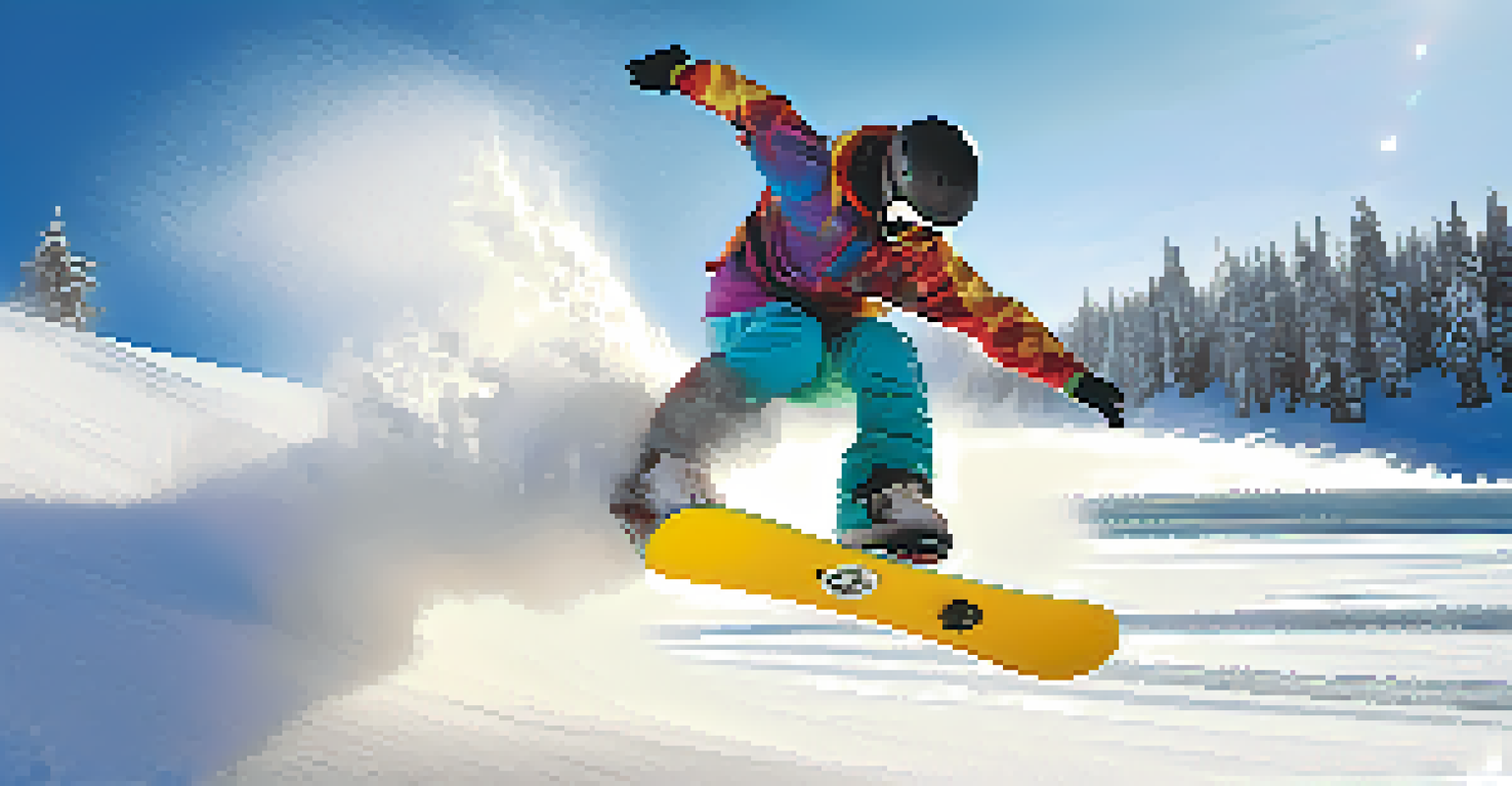 A close-up of a snowboarder's feet performing a nose grab in mid-air against a snowy background.