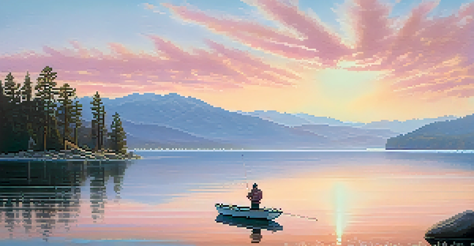 A peaceful morning at Big Bear Lake with a fisherman in a boat casting his line, surrounded by mountains and mist.