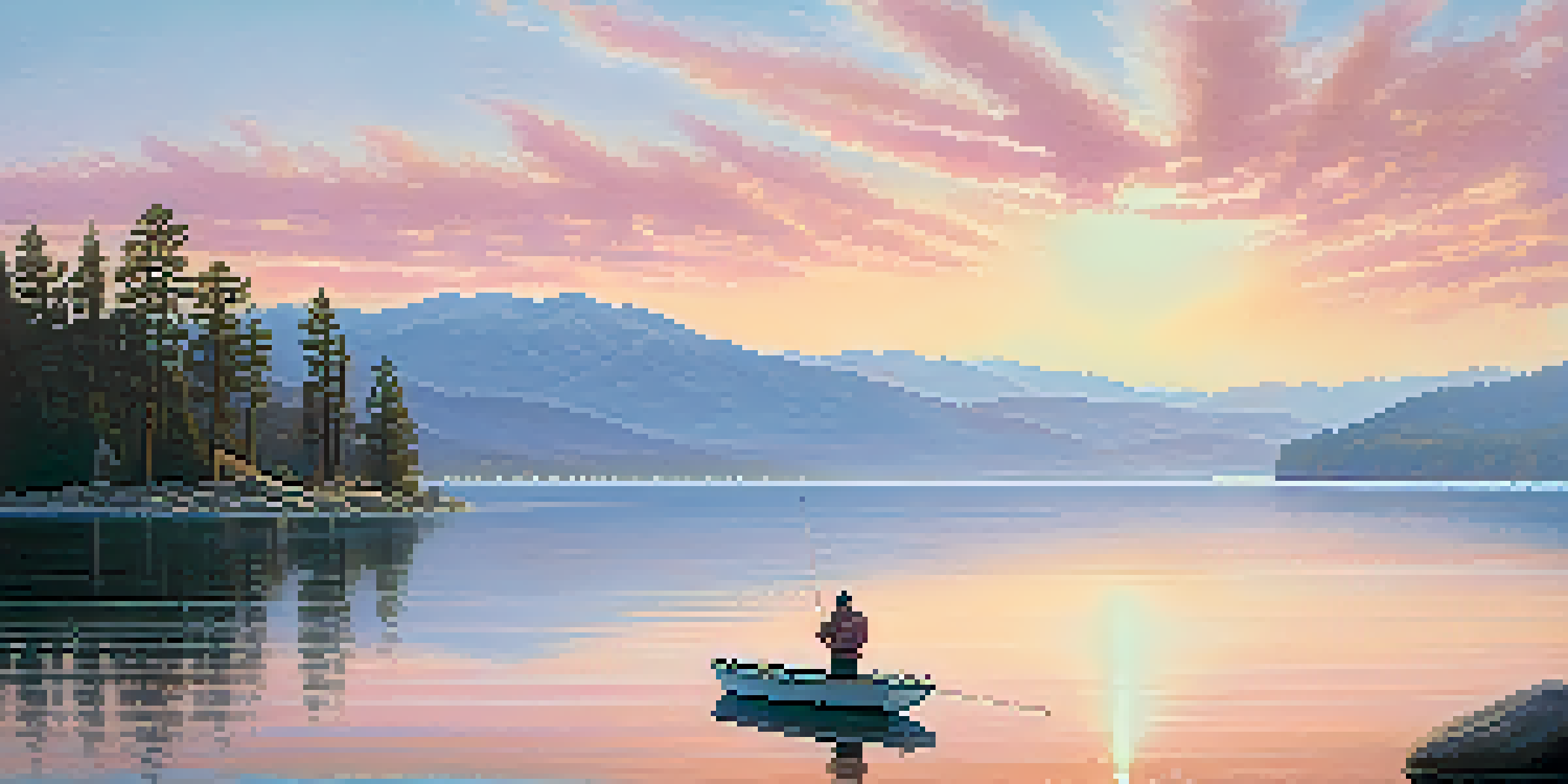 A peaceful morning at Big Bear Lake with a fisherman in a boat casting his line, surrounded by mountains and mist.