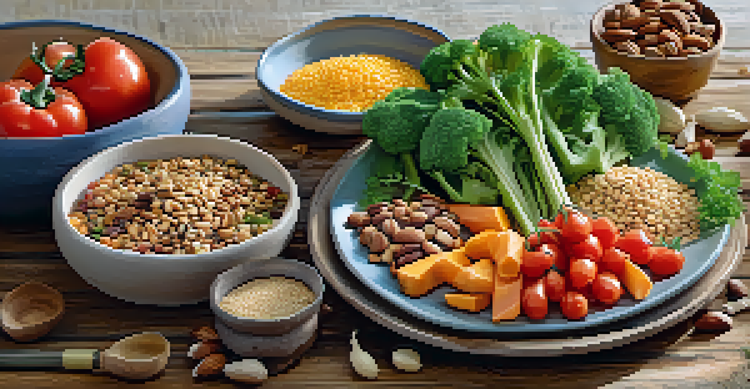 A colorful plate of healthy food with fresh vegetables and grains, presented on a rustic wooden table with natural light.
