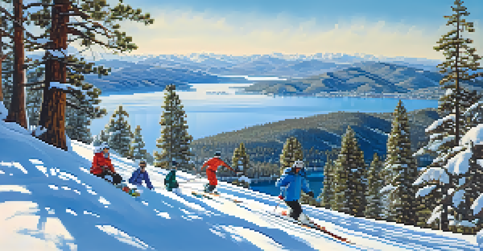 A panoramic view of Big Bear Lake in winter with skiers on fresh powder snow and snow-covered mountains under a clear blue sky.