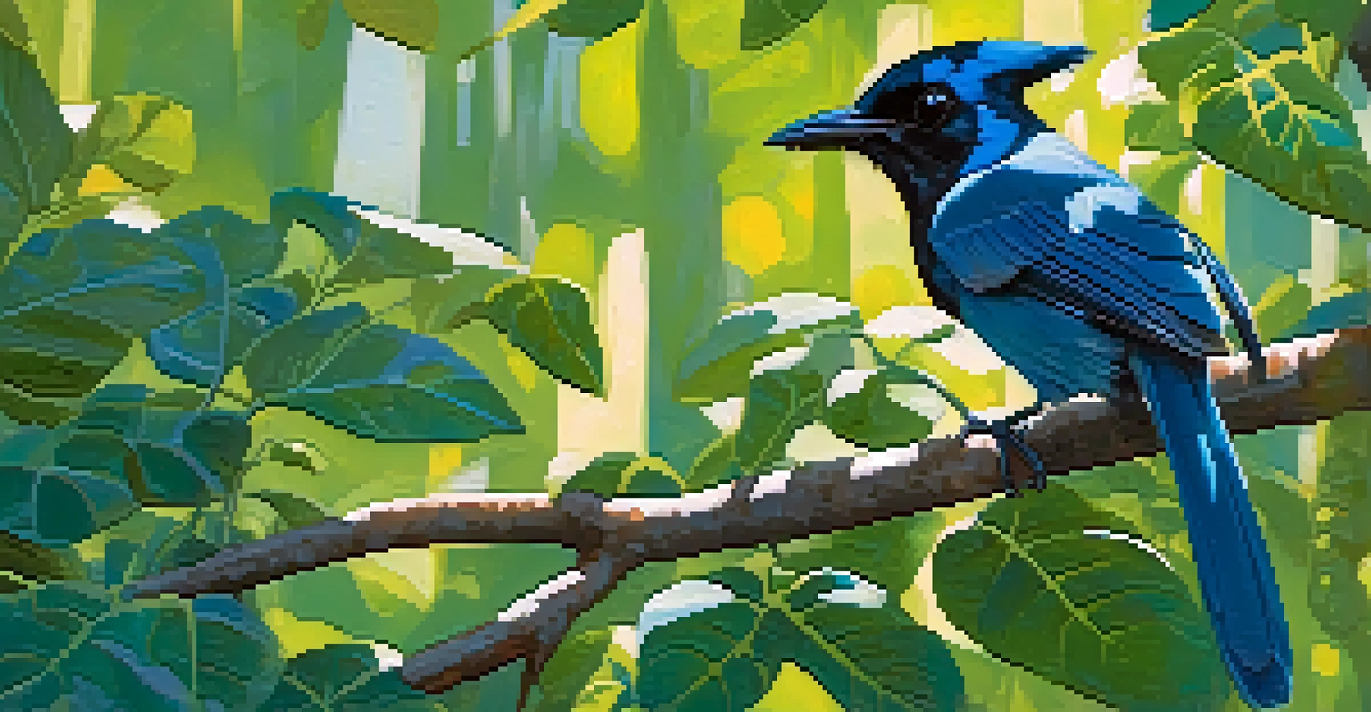 A Stellar's Jay sitting on a branch with bright blue feathers, surrounded by green leaves and soft sunlight filtering through.