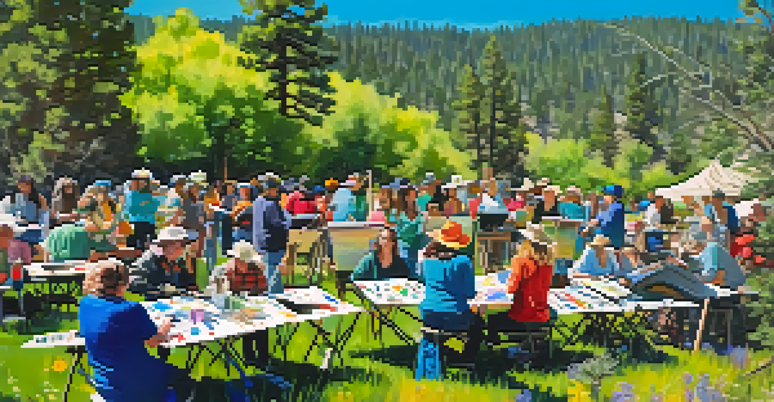 An outdoor painting workshop in spring with participants painting wildflowers and greenery, surrounded by a blue sky.