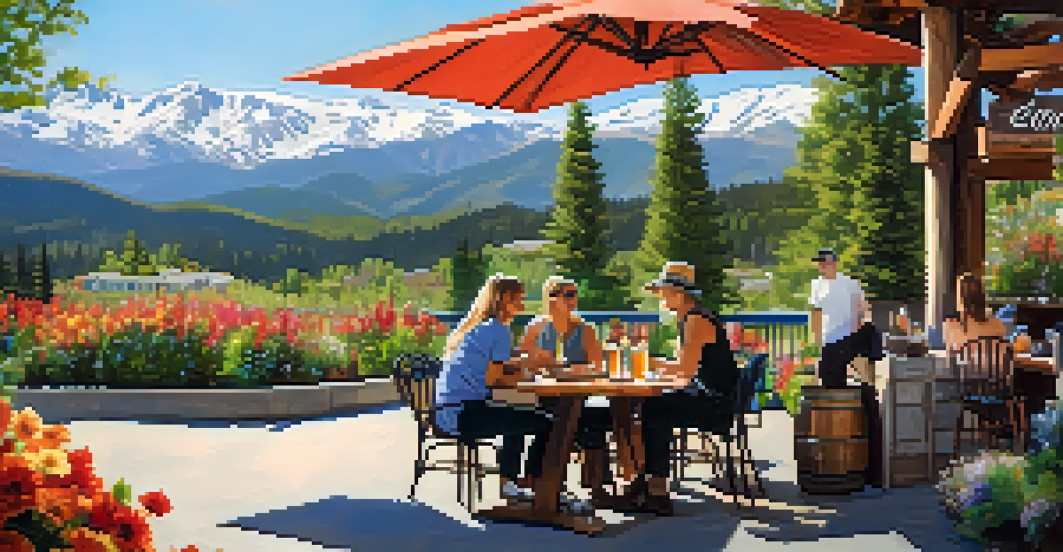 An outdoor brewery at Snow Summit with patrons enjoying seasonal beers on a sunny patio, surrounded by greenery and snow-capped mountains.