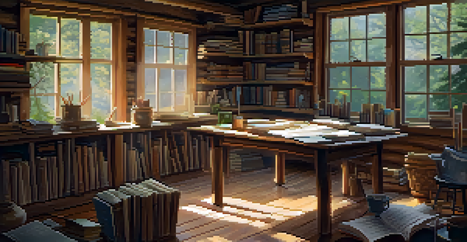 A cozy cabin workshop with writers discussing character development, surrounded by nature.