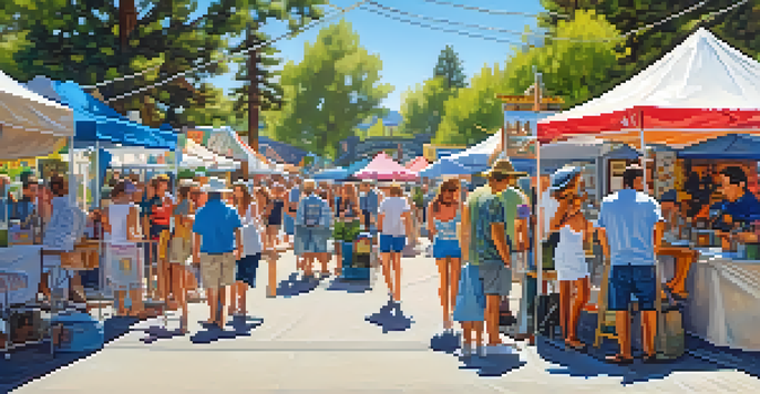 A lively summer art festival in Big Bear with local artists showcasing their work and visitors interacting with them in a picturesque village.