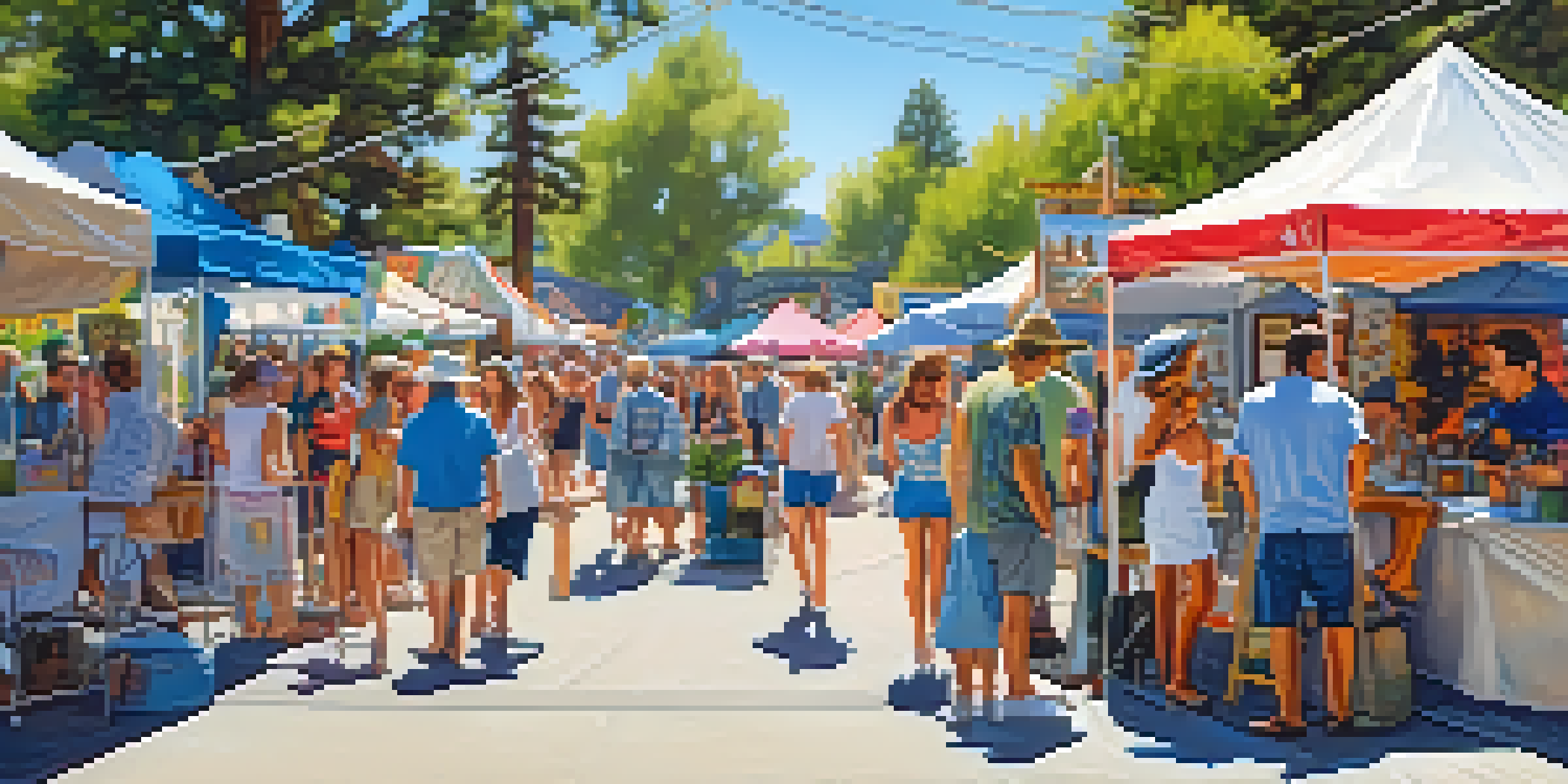 A lively summer art festival in Big Bear with local artists showcasing their work and visitors interacting with them in a picturesque village.