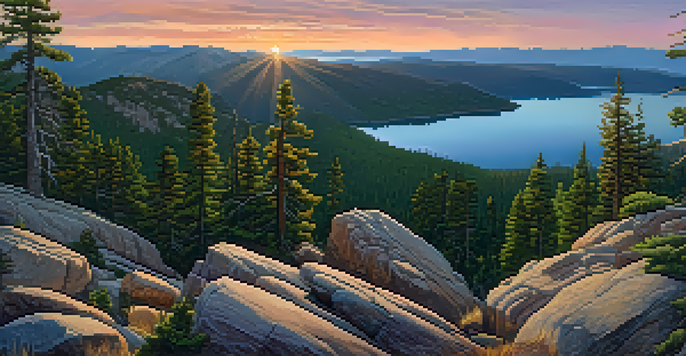 A breathtaking sunrise view from a mountain summit, overlooking Big Bear Lake and surrounded by mountains, with vibrant colors in the sky and green pine trees in the foreground.