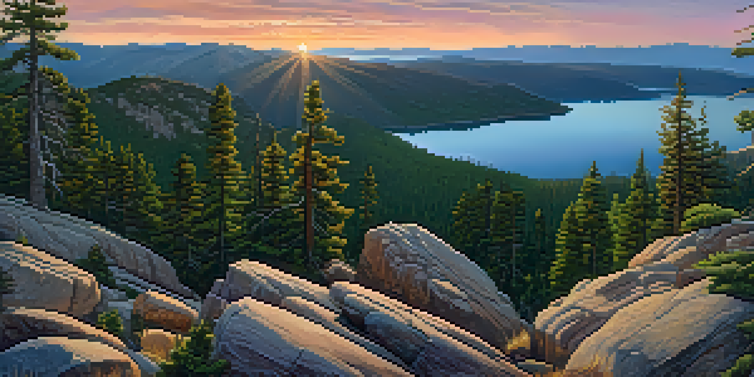 A breathtaking sunrise view from a mountain summit, overlooking Big Bear Lake and surrounded by mountains, with vibrant colors in the sky and green pine trees in the foreground.