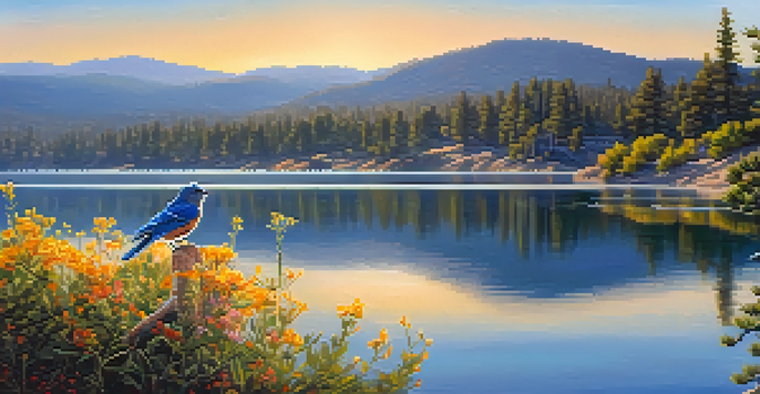 A Western Bluebird perched on a branch with blooming wildflowers in the foreground, reflecting a colorful sunrise over Big Bear Lake and distant mountains.