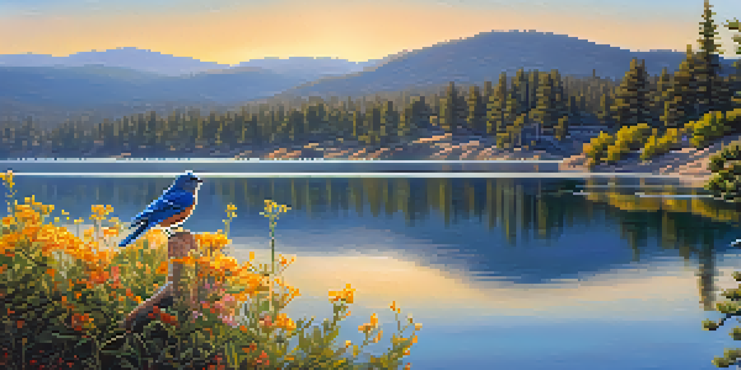 A Western Bluebird perched on a branch with blooming wildflowers in the foreground, reflecting a colorful sunrise over Big Bear Lake and distant mountains.