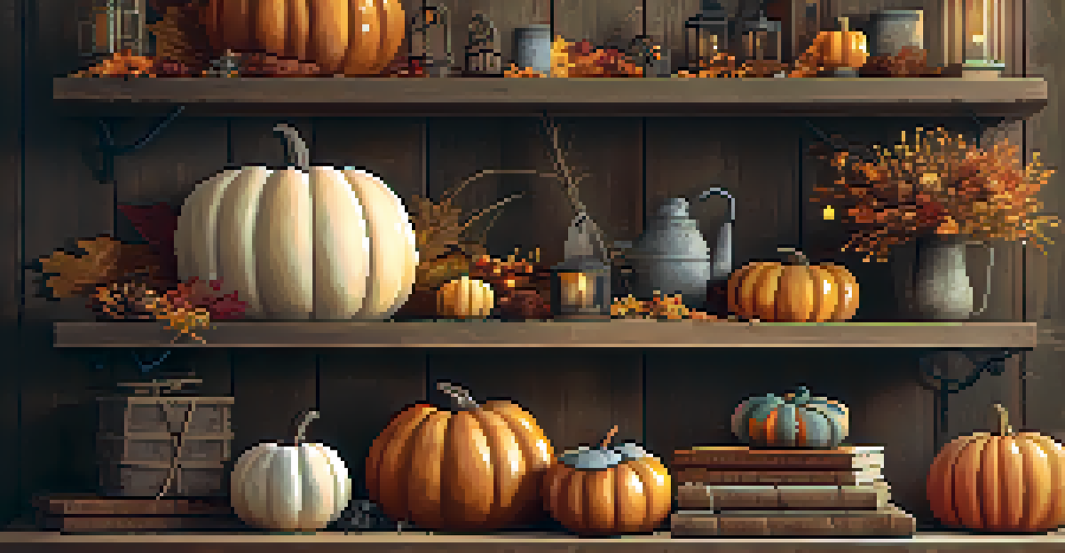 A seasonal décor display in a shop with autumn colors, pumpkins, and cozy textiles, illuminated by soft lighting.