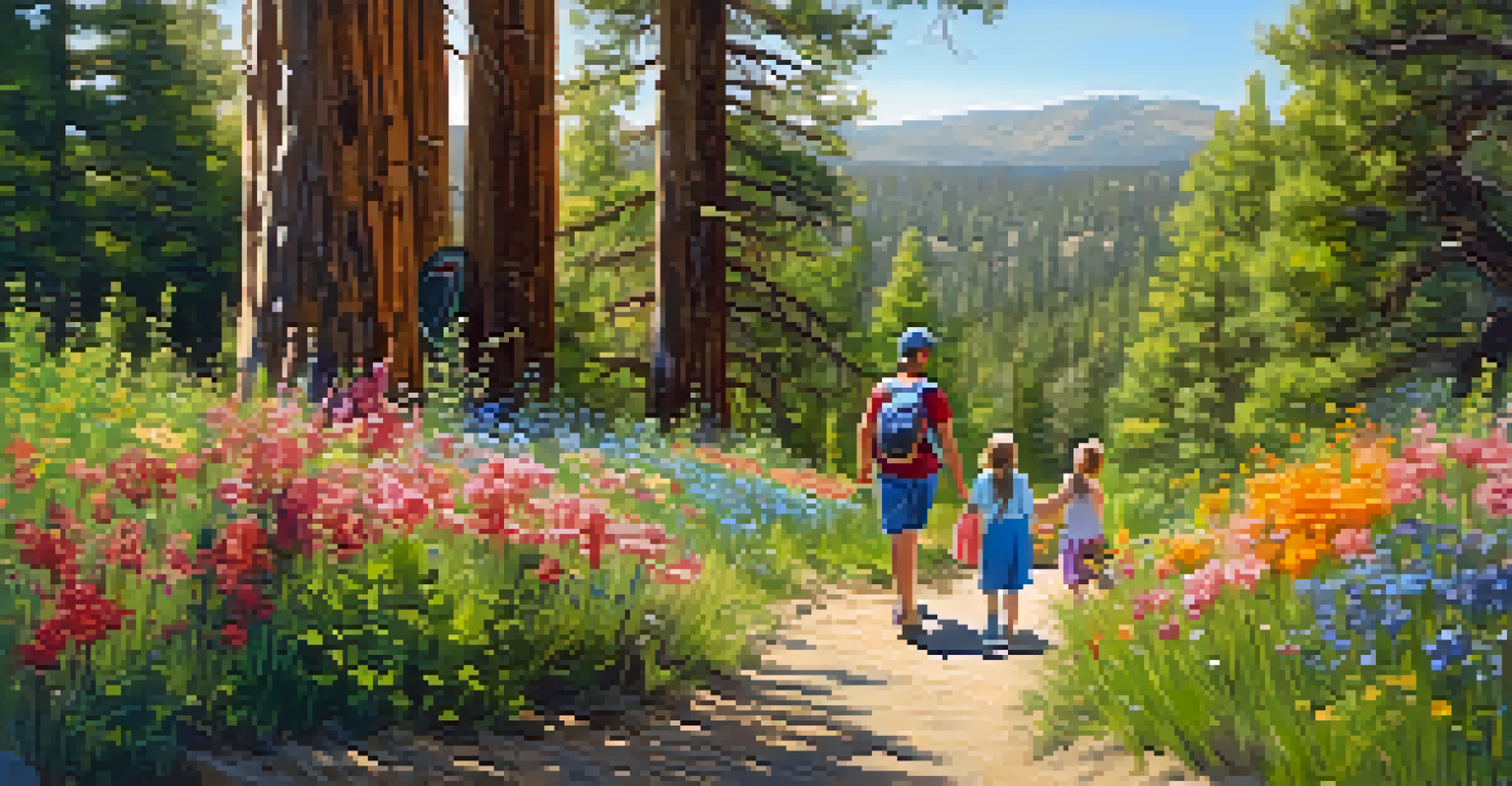 A family walking along a colorful flower-filled trail in spring, admiring nature.