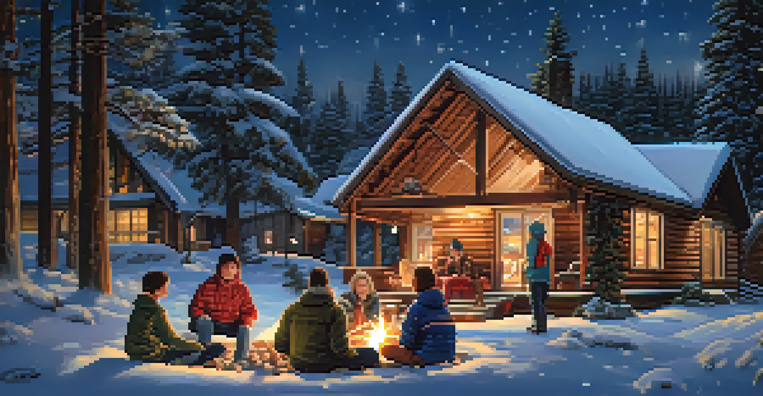 A family gathered around a fire pit outside a cabin in Big Bear, enjoying a snowy evening together.