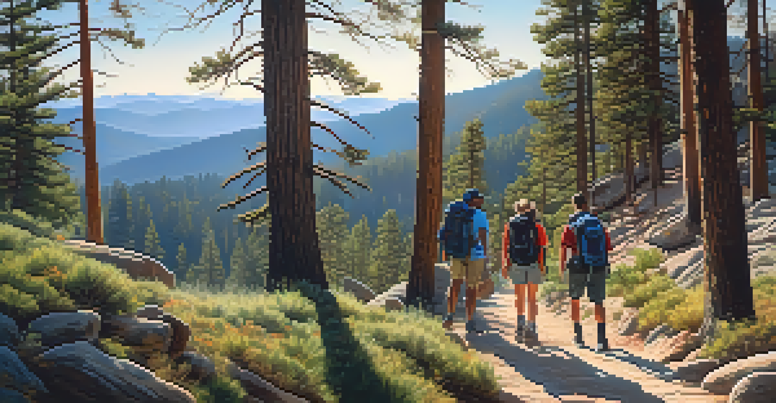 A group of hikers enjoying a trail in Big Bear, surrounded by tall pine trees and mountains, with sunlight filtering through the foliage.