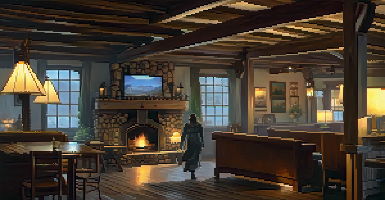 A cozy inn lobby with a fireplace and vintage decor, featuring a faint silhouette of a woman dressed in white in the background.