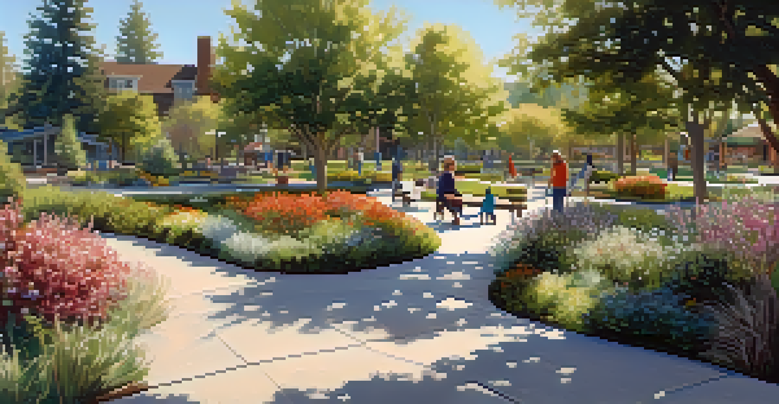 A community park in Big Bear with gardens, walking paths, and residents enjoying the outdoors in soft sunlight.
