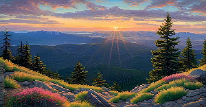 A panoramic view from Big Bear Fire Lookout, with pine trees, wildflowers, and a sunset sky.