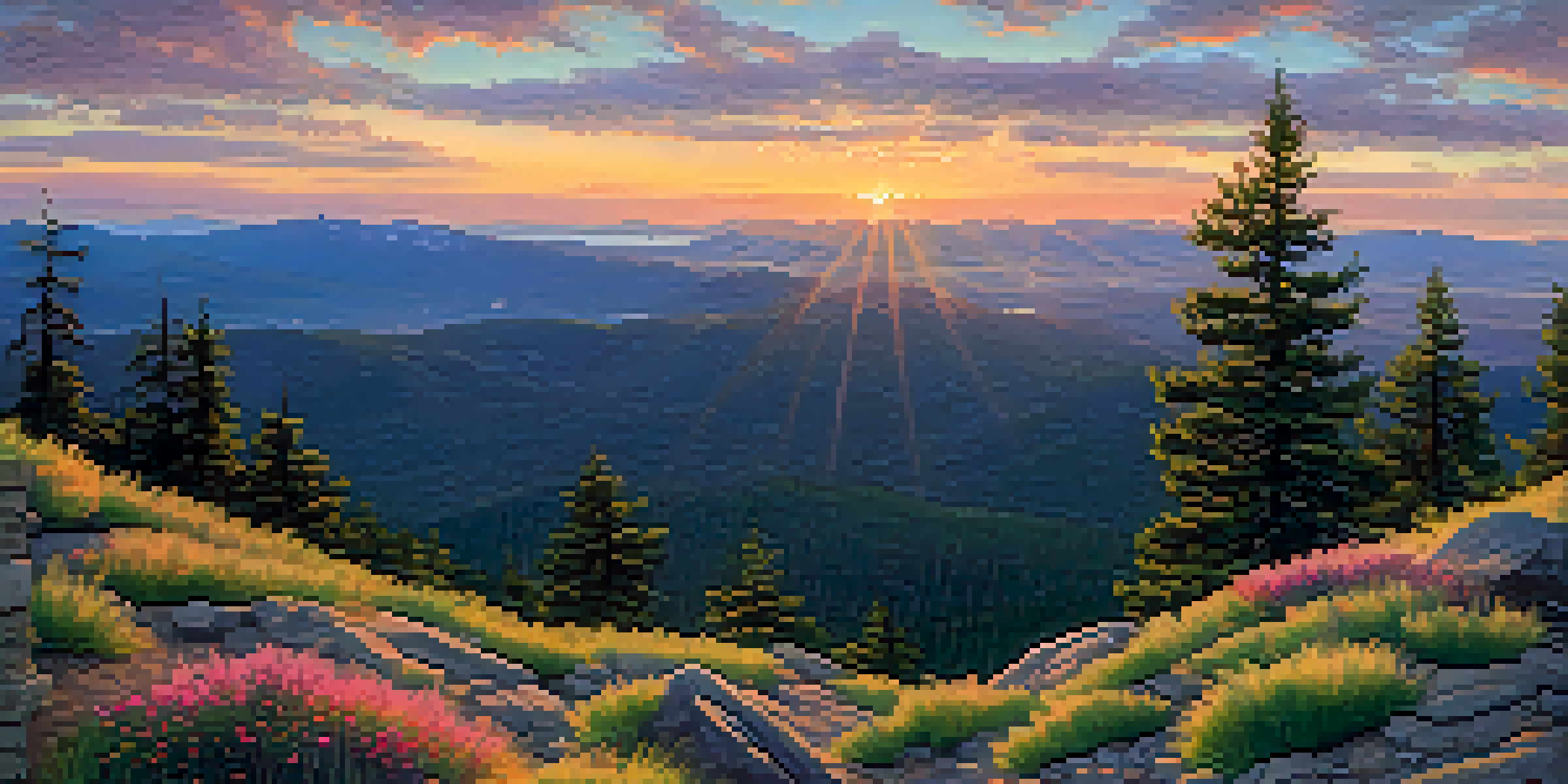 A panoramic view from Big Bear Fire Lookout, with pine trees, wildflowers, and a sunset sky.