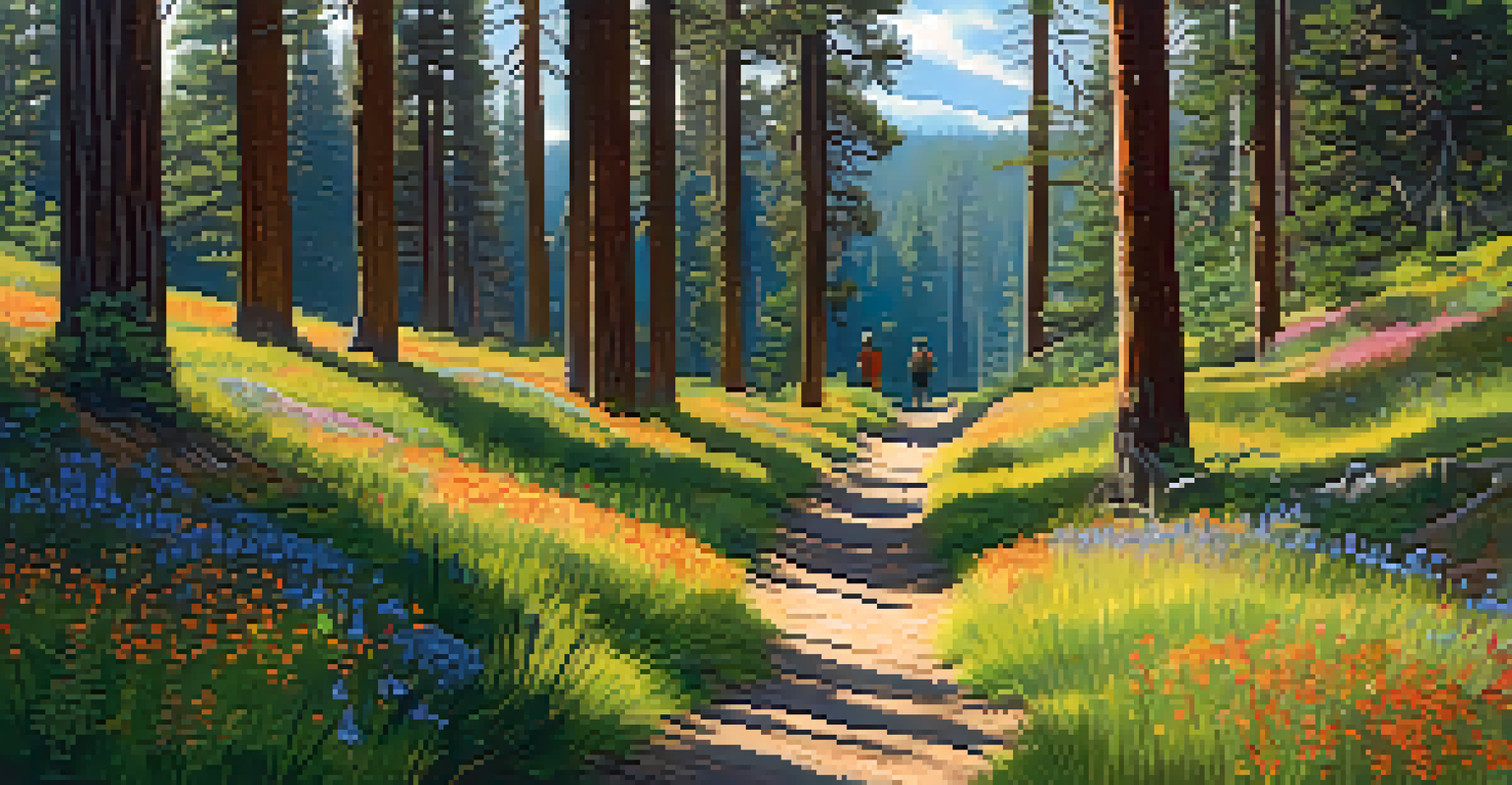 A hiking trail in the forest with a fox and a hiker, surrounded by tall trees and flowering plants.