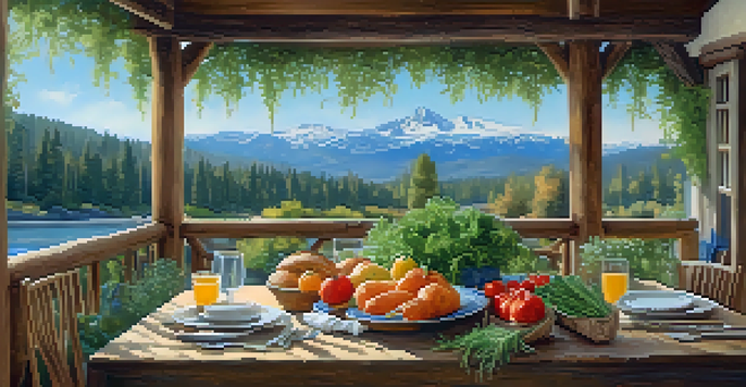 A rustic wooden table filled with seasonal vegetables and bread, set against a beautiful mountain landscape in Big Bear.