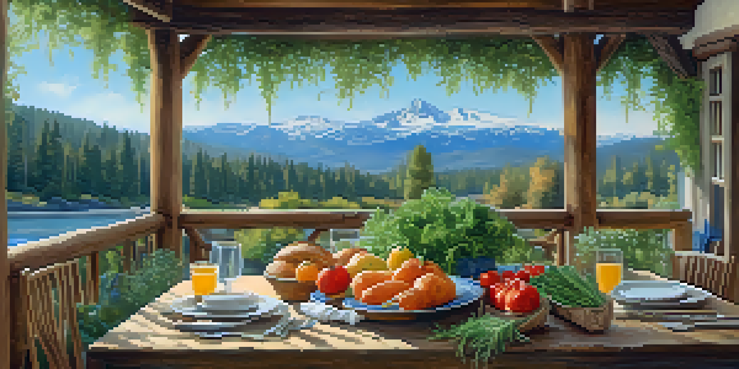 A rustic wooden table filled with seasonal vegetables and bread, set against a beautiful mountain landscape in Big Bear.