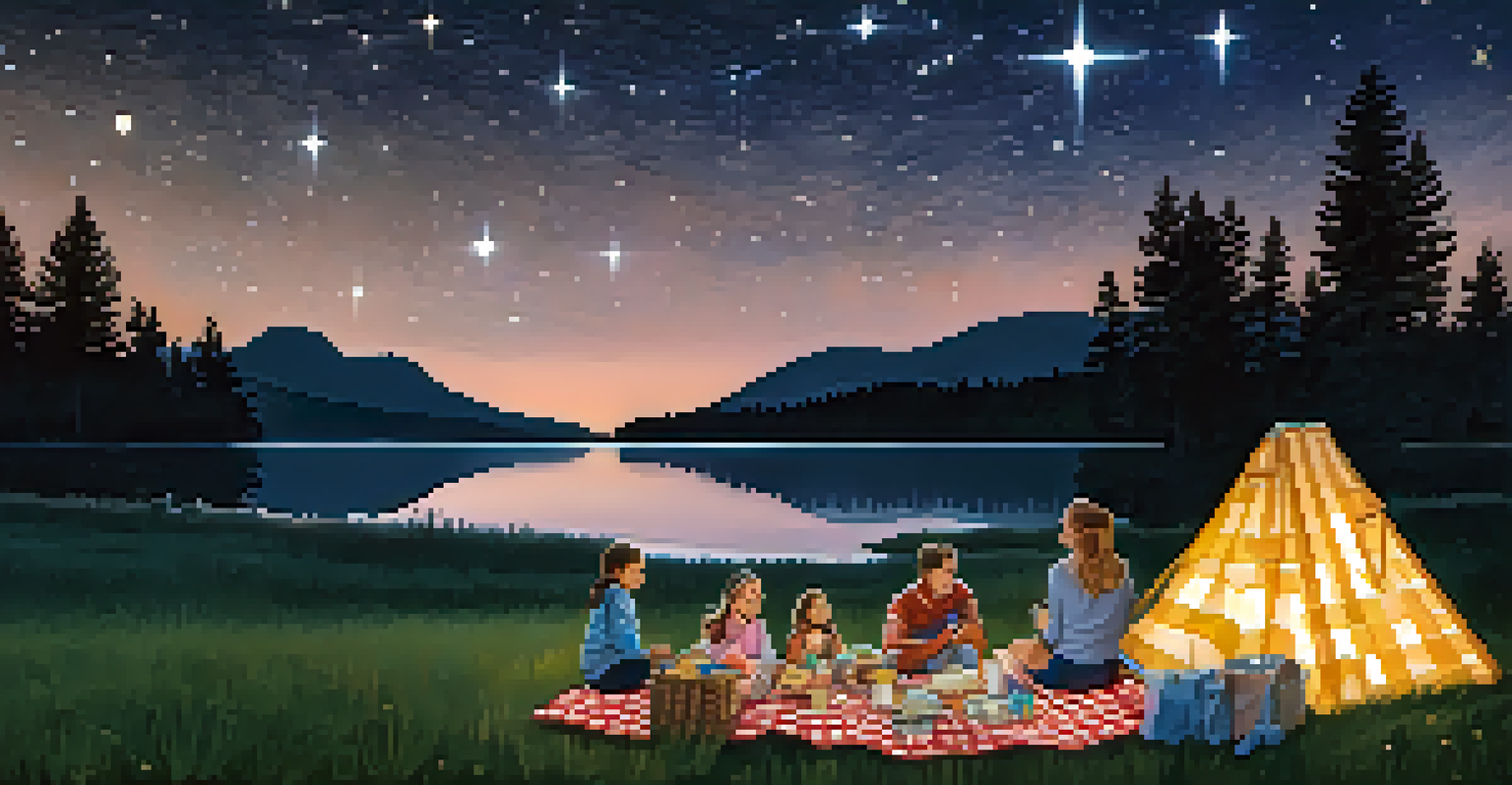 A family enjoying a picnic at Boulder Bay Park at night, with a checkered blanket, snacks, and children pointing at constellations under a starry sky.